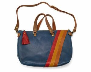 In Blue Leather Tote Shoulder Crossbody Bag Blue Stripe Tassel Handmade Large